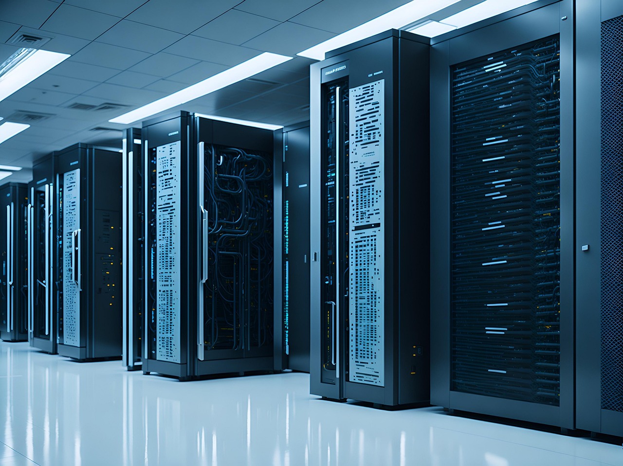 AI data center server racks with liquid cooling infrastructure